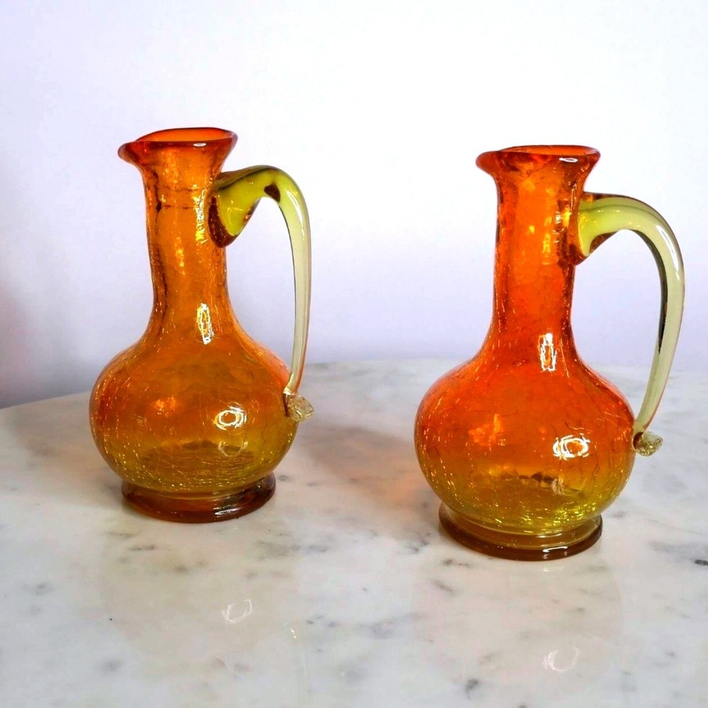 Vintage Mid-Century Amberina Crackle Small Glass Pitchers Set Of 2 - 5.75"